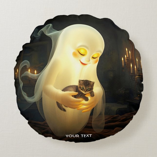 Cojín Redondo Fantasía Cute Ghost Kitten Candles (Anverso)