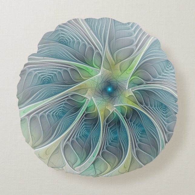 Cojín Redondo Fantasía Flor Fractal Verde Azul (Anverso)