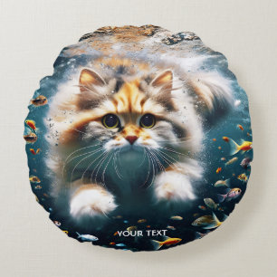 Cojín Redondo Fantasía Gato Cuto Nadando Subacuático