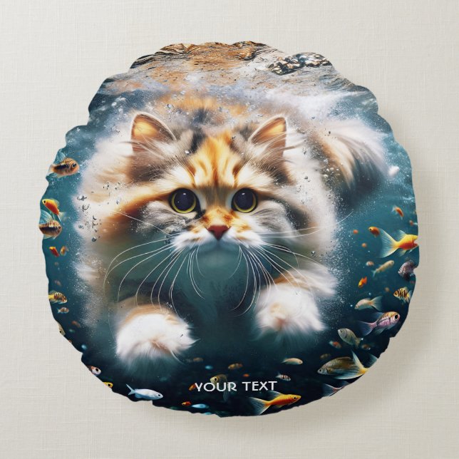 Cojín Redondo Fantasía Gato Cuto Nadando Subacuático (Anverso)