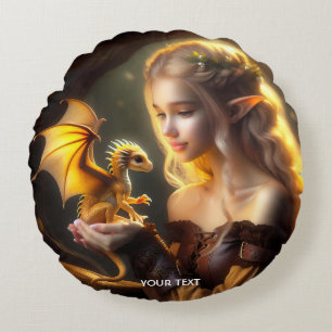 Cojín Redondo Fantasía lindo bebé dragón amarillo