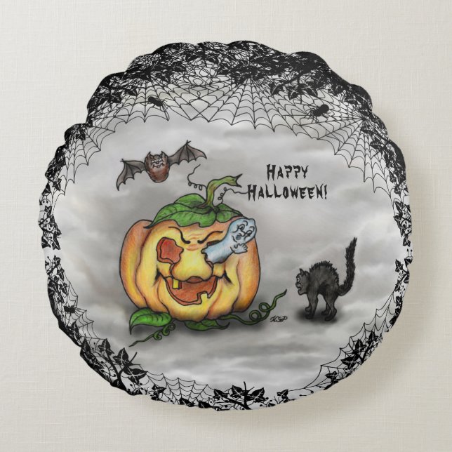 Cojín Redondo Fantasma, Bat y Cat, ¡Feliz Halloween! (Anverso)