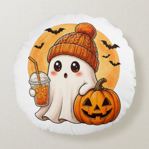 Cojín Redondo Fantasma bebiendo café con hielo y calabaza de Hal