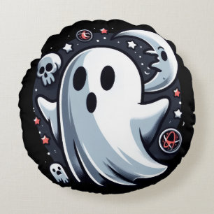 Cojín Redondo Fantasma Etéreo con Luna y Calaveras Espeluznante 
