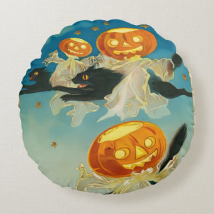 Cojín Redondo Fantasmas de calabaza de Halloween y gatos negros