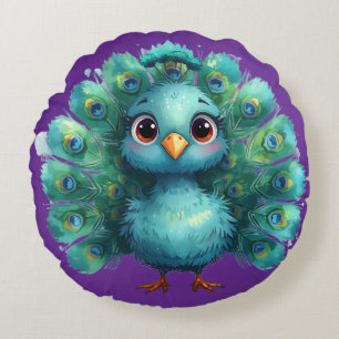 Cojín Redondo Fantástico pavo real azul caprichoso y lindo