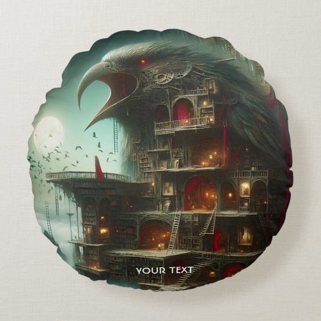 Cojín Redondo Fantasy Cute Bird House Library (Anverso)