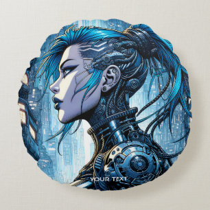 Cojín Redondo Fantasy Cute Blue Cyborg Chica
