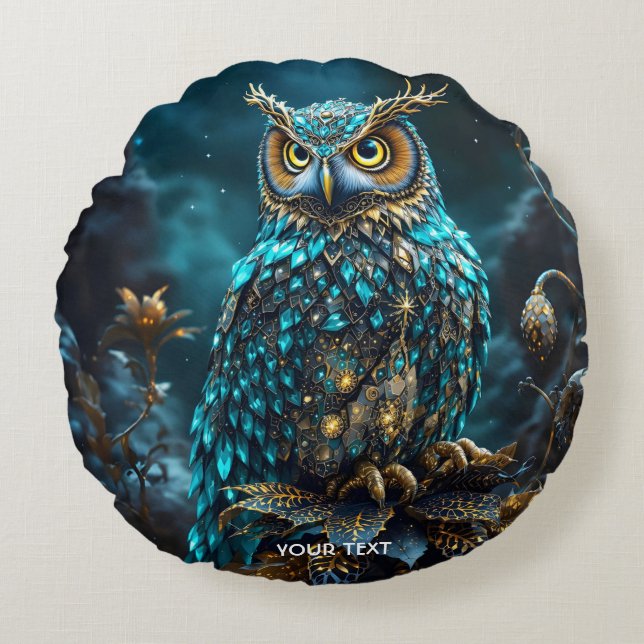 Cojín Redondo Fantasy Cute Brass Turquoise Owl (Anverso)