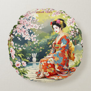 Cojín Redondo Fantasy Cute Chica Kimono Sakura