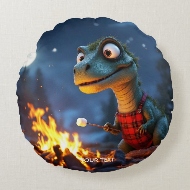 Cojín Redondo Fantasy Cute Dino Campfire Moon (Anverso)