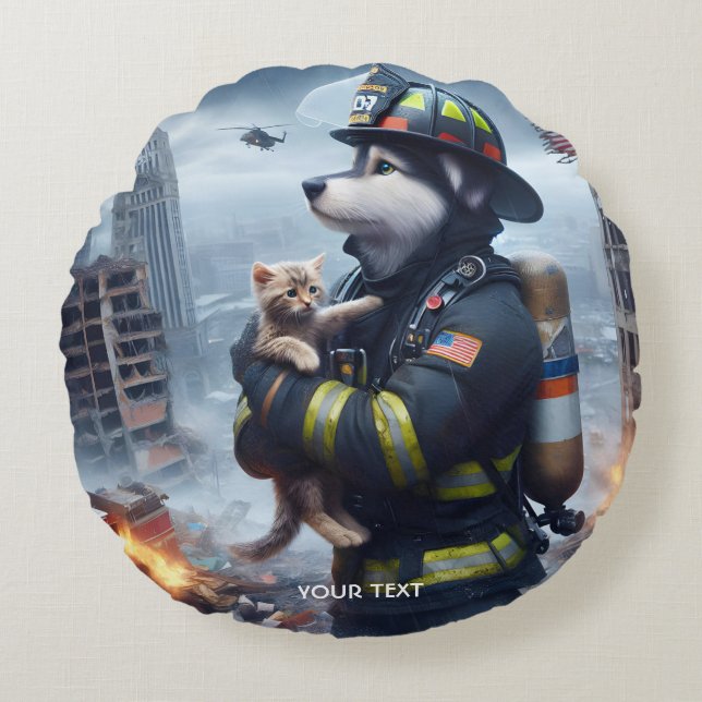 Cojín Redondo Fantasy Cute Kitten Dog Fire (Anverso)