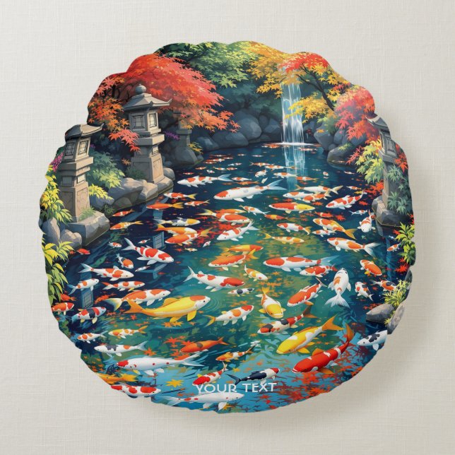 Cojín Redondo Fantasy Cute Koi Fish Pond (Anverso)