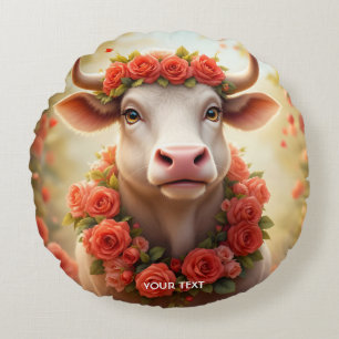 Cojín Redondo Fantasy Cute Lovely Cow Rosas