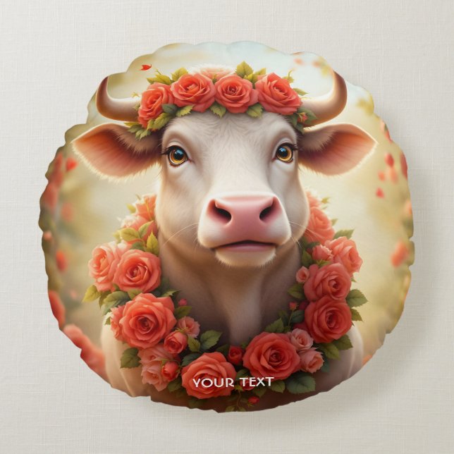 Cojín Redondo Fantasy Cute Lovely Cow Rosas (Anverso)