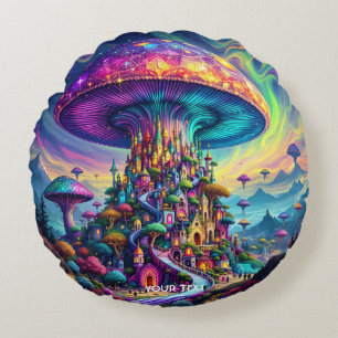 Cojín Redondo Fantasy Cute Mushroom Cielos arcoiris