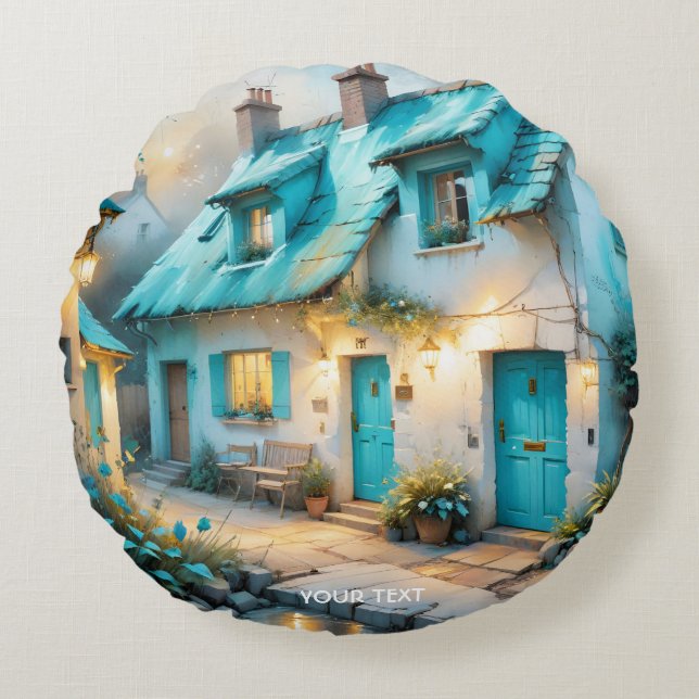 Cojín Redondo Fantasy Cute Old Blue House (Anverso)