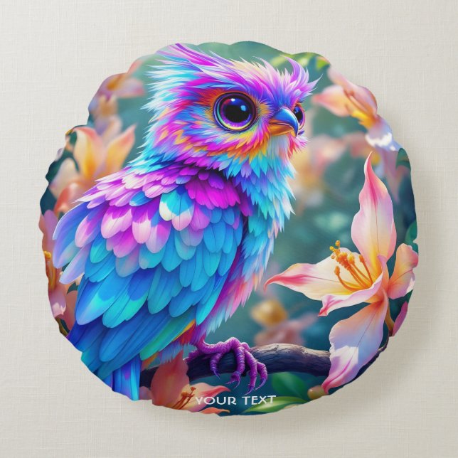 Cojín Redondo Fantasy Cute Orquid Exotic Bird (Anverso)