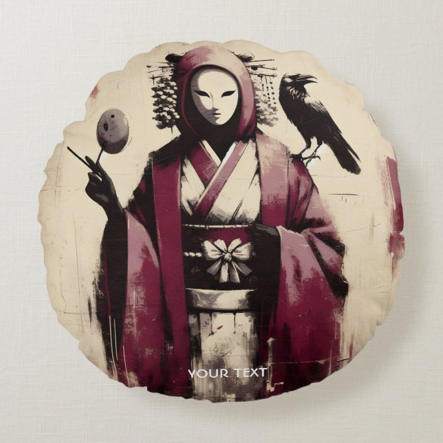 Cojín Redondo Fantasy Cute Porcelain Mask Raven (Anverso)