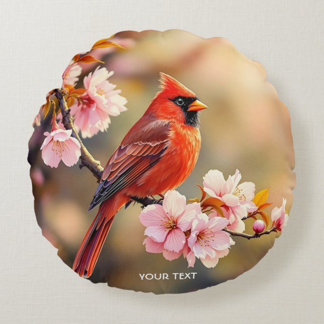 Cojín Redondo Fantasy Cute Red Bird Cherry (Anverso)