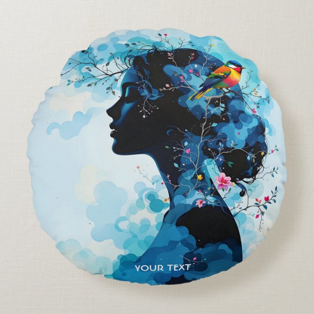 Cojín Redondo Fantasy Cute Spring Chica Bird (Anverso)