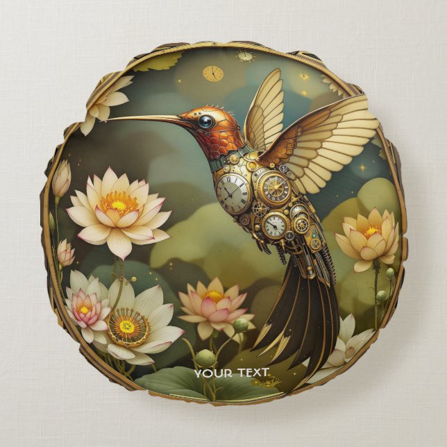 Cojín Redondo Fantasy Cute Steampunk Bird Clock (Anverso)