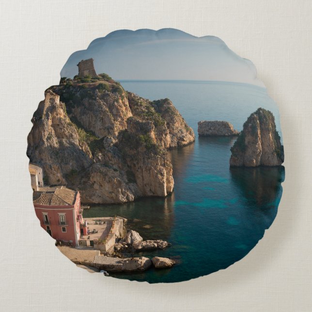 Cojín Redondo Faraglioni y Tonnara en Scopello, Sicilia (Anverso)