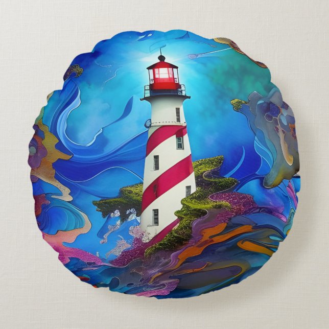 Cojín Redondo Faro en un Poster de tormenta (Anverso)