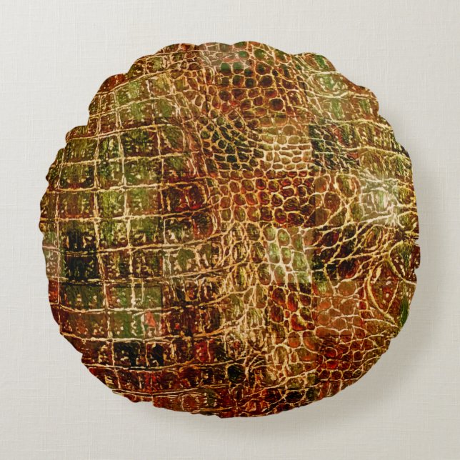 Cojín Redondo Faux Alligator Animal Piel Cuero Rojo Marrón (Anverso)