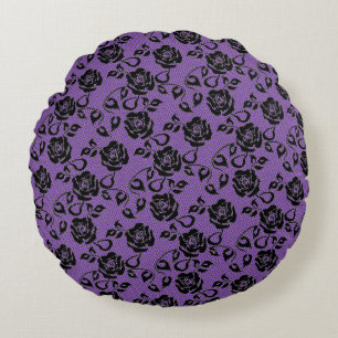 Cojín Redondo Faux Black Lace Rose Fishnet Purple Round Pillow