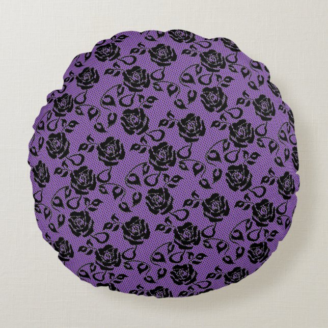 Cojín Redondo Faux Black Lace Rose Fishnet Purple Round Pillow (Anverso)
