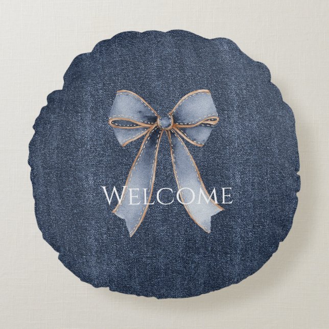 Cojín Redondo Faux Denim Blue Jean Bow (Anverso)