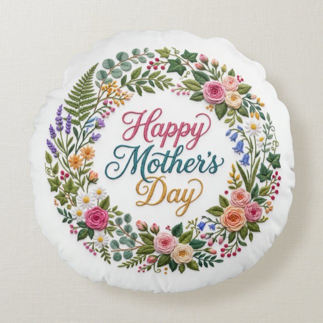 Cojín Redondo Faux Embroidery Floral Happy Mother's Day (Anverso)