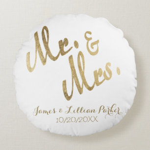 Cojín Redondo Faux Gold Mr. y Sra. Monogram Boda