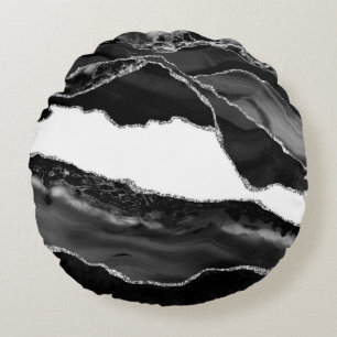 Cojín Redondo Faux Marble Agate Black White Trendy Moderne Stone