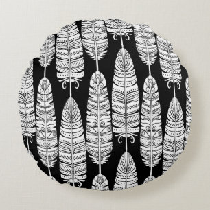 Cojín Redondo Feathers boho: patrón blanco y negro