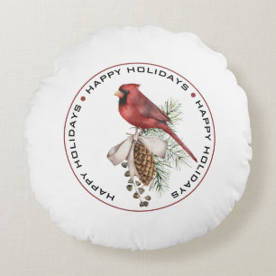 Cojín Redondo FELICES FIESTAS, Cardenal de Navidad Rojo Acuarela