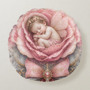 Cojín Redondo Felicidades Bebé Hada niña Rosa Pink Nacimiento