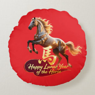 Cojín Redondo Feliz Año Nuevo Lunar Majestuoso Caballo Dorado