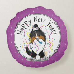 Cojín Redondo Feliz Año Nuevo Shetland Sheepdog (triple color) C