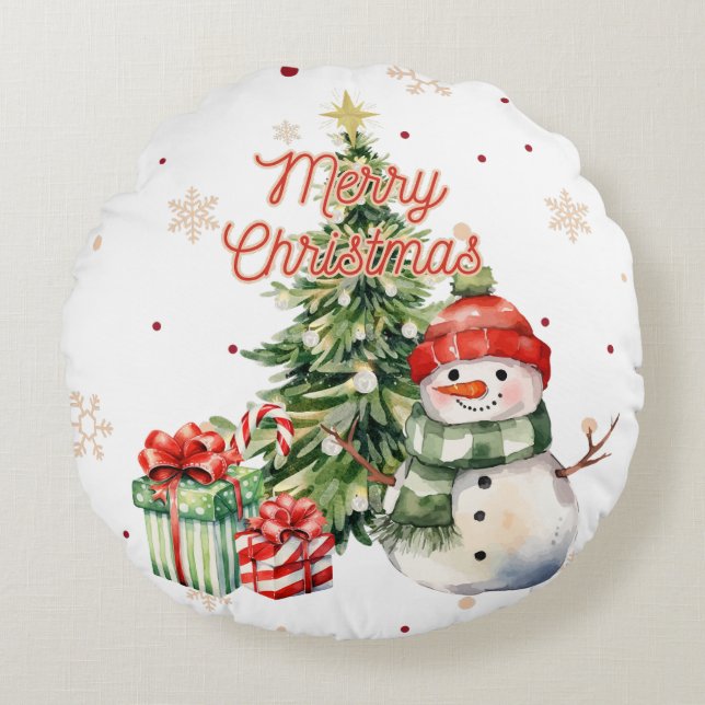 Cojín Redondo Feliz árbol de Navidad Snowman y presente (Anverso)