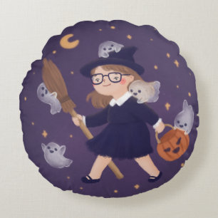 Cojín Redondo Feliz Bruja de Halloween y fantasmas