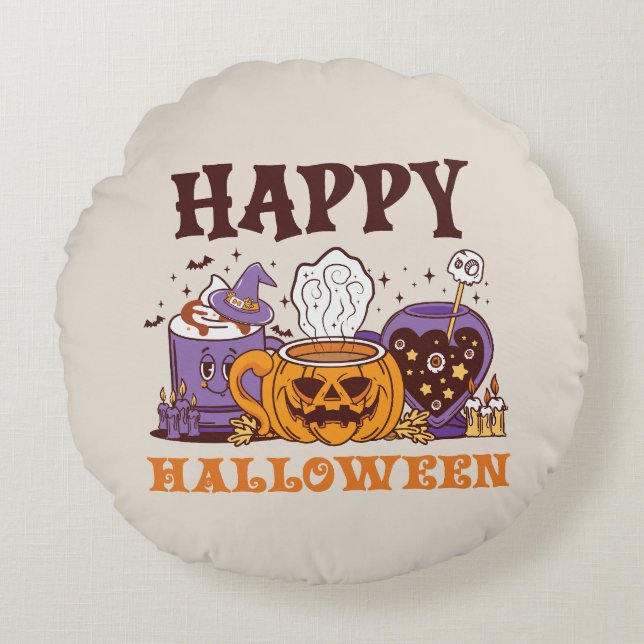 Cojín Redondo Feliz café de Halloween Brew (Anverso)