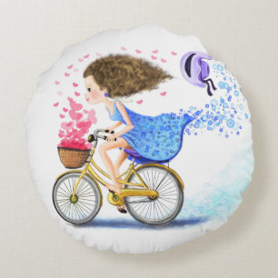 Cojín Redondo Feliz Chica En Bicicleta - Románticos Corazones De