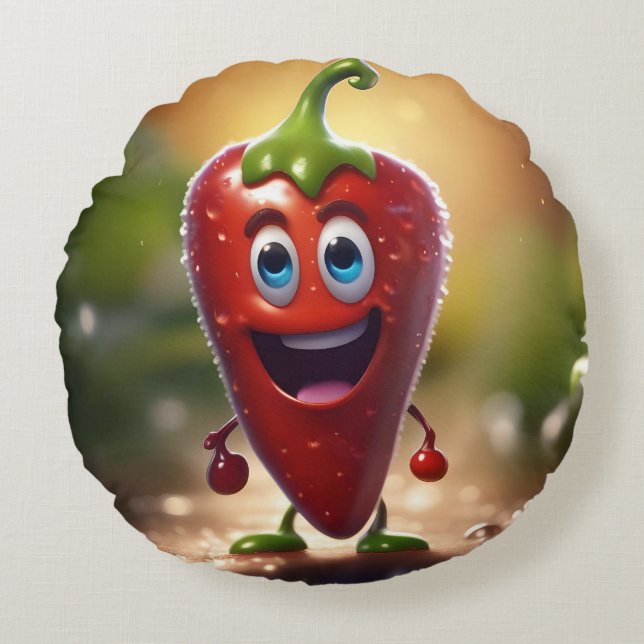 Cojín Redondo Feliz Chili Bean animado 3D, (Anverso)