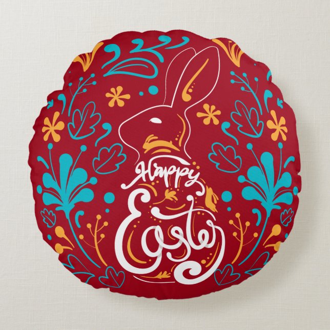 Cojín Redondo Feliz Conejo de Pascua, Artsy Resumen Floral, Rojo (Anverso)