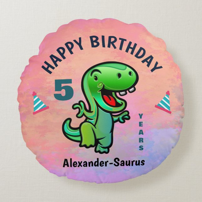 Cojín Redondo Feliz cumpleaños, dinosaurio verde personalizado (Anverso)