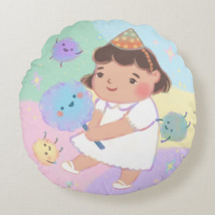 Cojín Redondo Feliz cumpleaños: Monstruos de Chica y de golosina