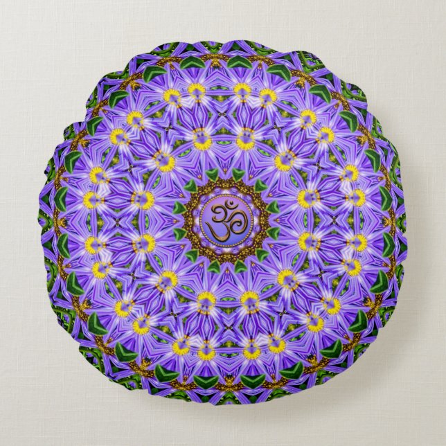 Cojín Redondo Feliz curación morado Mandala amarillo OM Ronda de (Anverso)