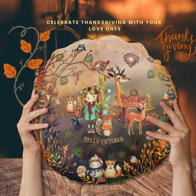 Cojín Redondo Feliz Día de Acción de Gracias Animales de Woodlan (Happy Thanksgiving Woodland Animals Round Pillow)